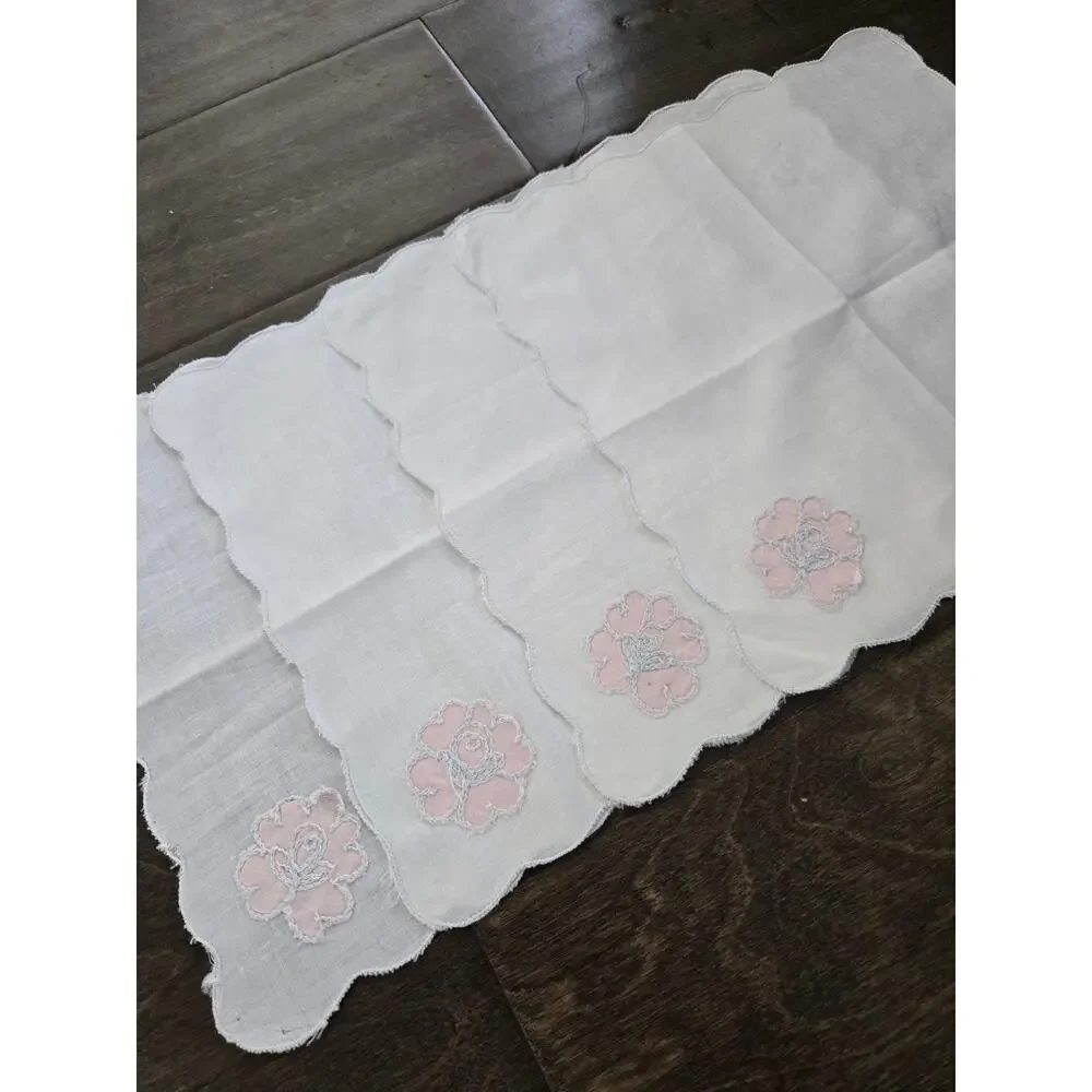 Set of 4 Vintage Hand Embroidered Napkins Handkerchiefs White Pink Floral